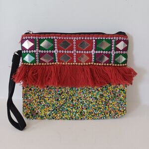 America & Beyond NEW Wristlet Clutch Beaded‎ Tasel Colorful Boho Top Zip Womens